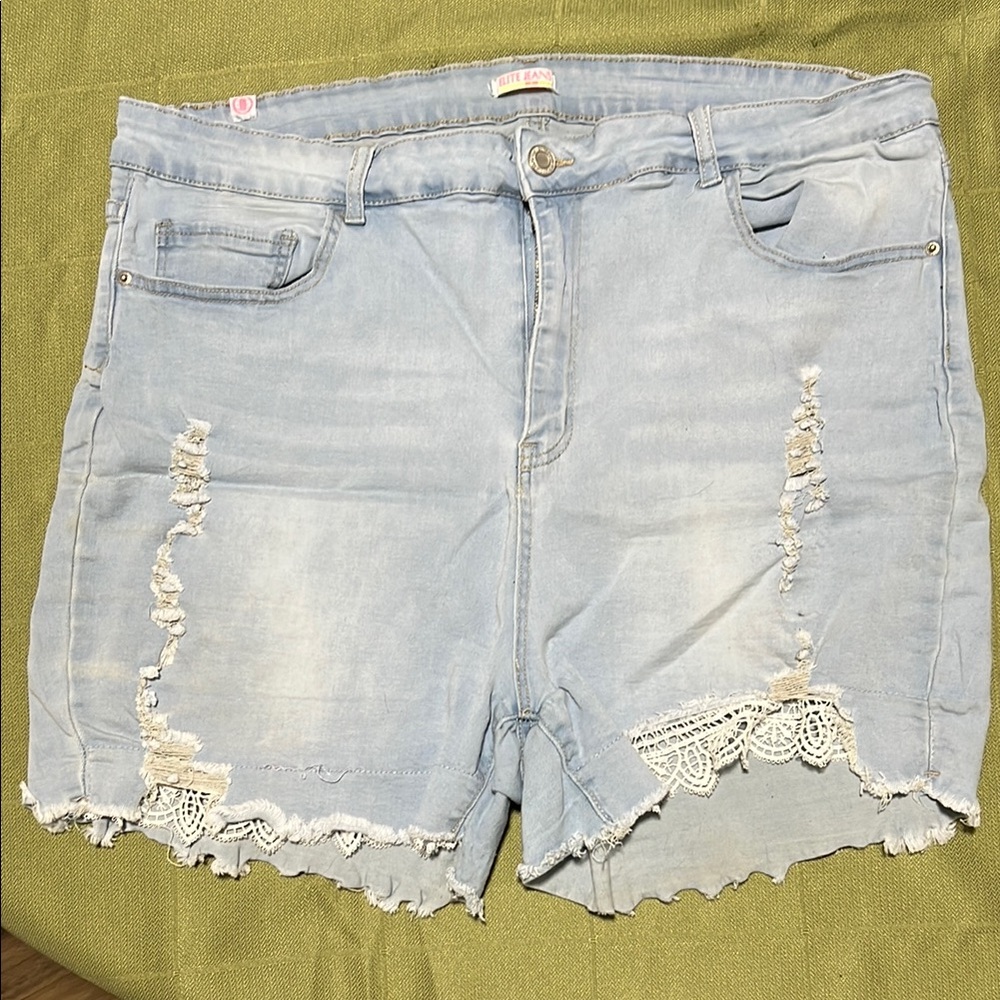 Blue Distressed Jean Shorts with Frayed Hem